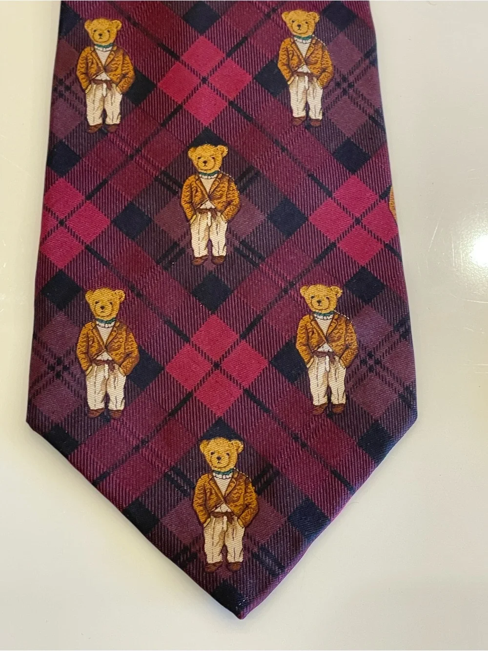 Vtg Polo Ralph Lauren Polo Bear Silk Tie Plaid Burgundy Purple Blazer Rare